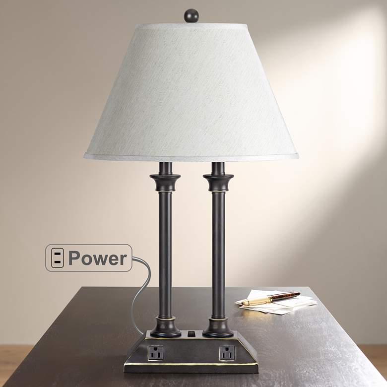 Image 1 Antique Bronze Twin Column Desk Lamp with Power Outlets
