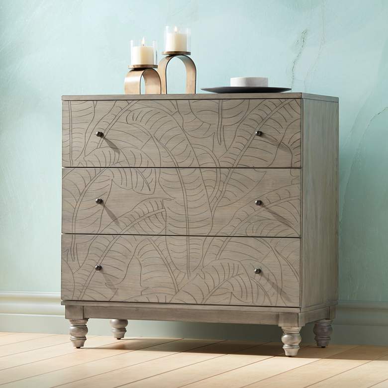 Image 1 Antique Gray Pine Banana Leaf 3-Drawer Accent Chest