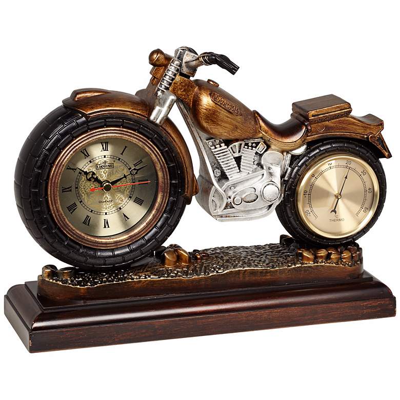 Image 1 Antique Motorcycle Desk Clock with Thermometer