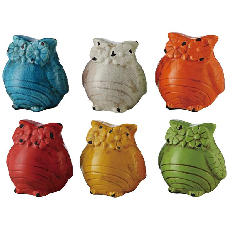 Image 1 Antique Style 6 inch High Ceramic Owl Figurines - Set of 6