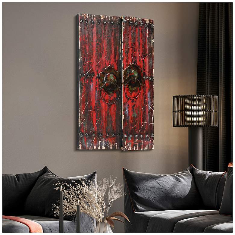 Image 3 Antique Wooden Doors 1" Hand-painted Iron Wall sculpture with Wood Frame more views