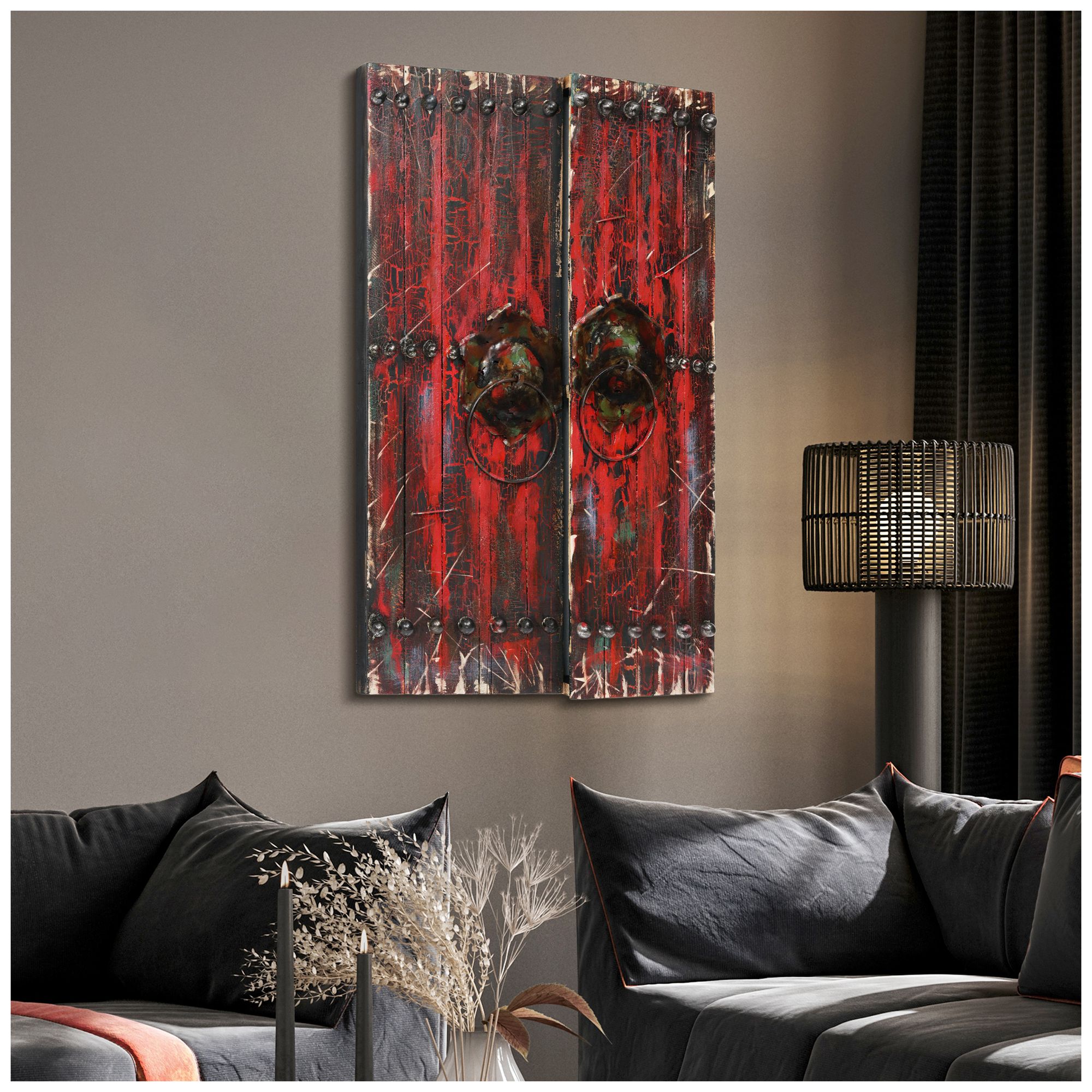 Image 3 Antique Wooden Doors 1" Hand-painted Iron Wall sculpture with Wood Fra more views