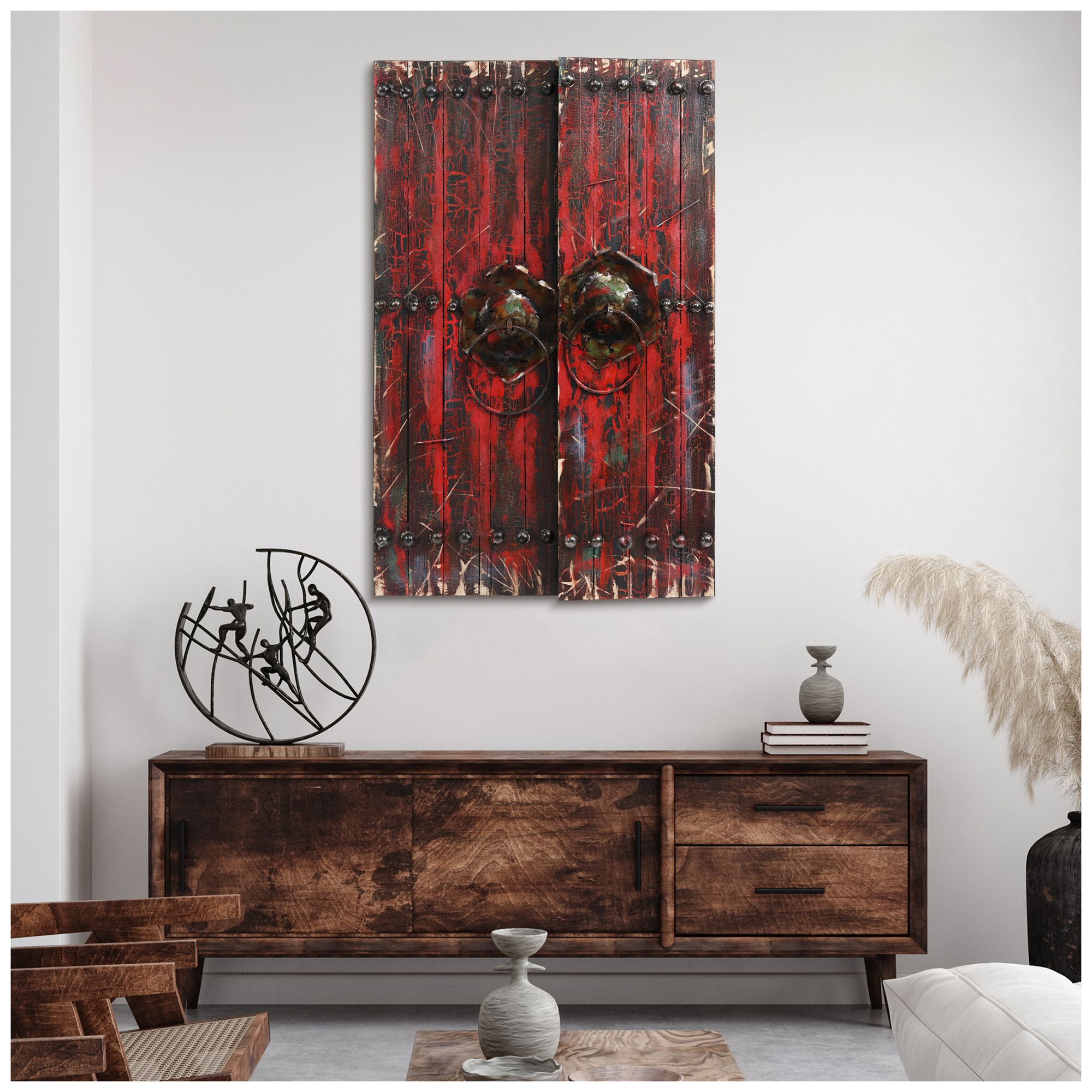 Image 4 Antique Wooden Doors 1" Hand-painted Iron Wall sculpture with Wood Fra more views