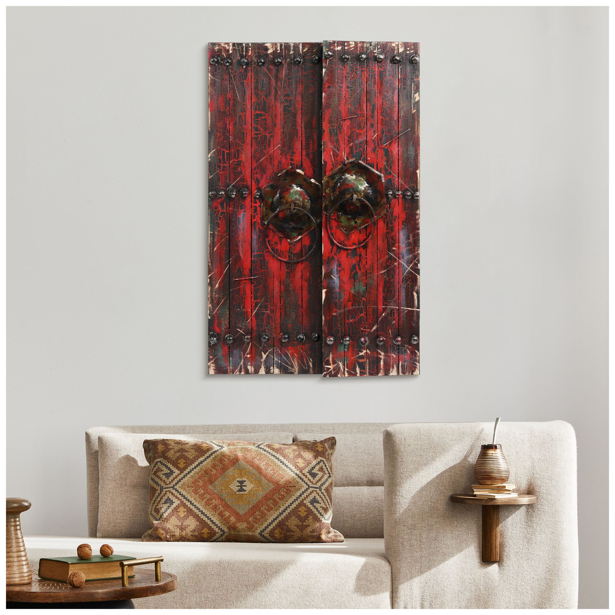 Image 5 Antique Wooden Doors 1" Hand-painted Iron Wall sculpture with Wood Fra more views