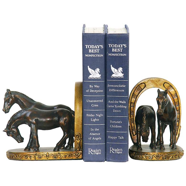 Image 1 Antiqued Brown and Gold Horse and Horseshoe Bookends Set