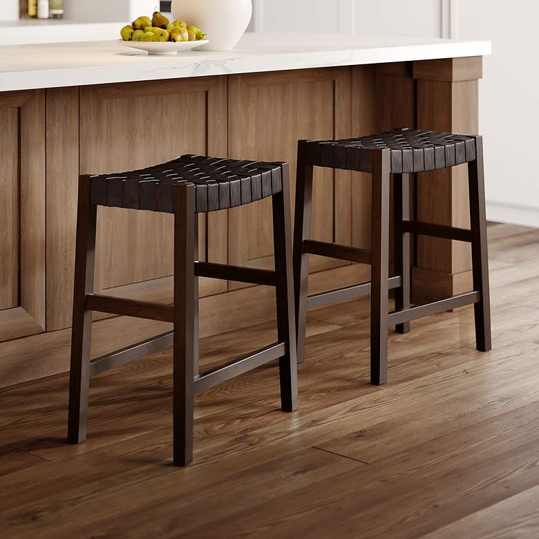 Image 2 Apollo 25 1/2" Brown Leather Counter Stools Set of 2