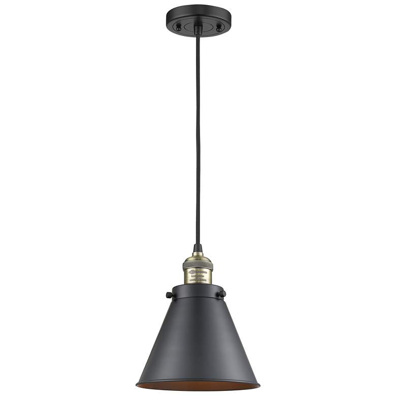 Image 1 Appalachian 8" Black Antique Brass Cord Hung Mini Pendant w/ Black Sha