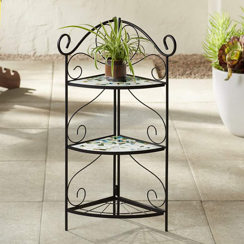 Image 1 Aqua Mosaic 30" High Black Iron Three Shelf Plant Stand