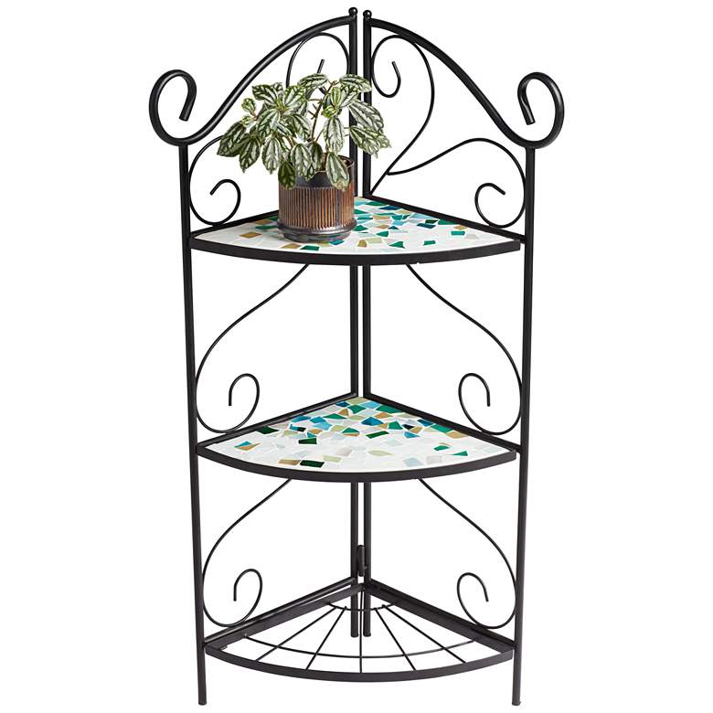 Image 5 Aqua Mosaic 30 inch High Black Iron Three Shelf Plant Stand more views