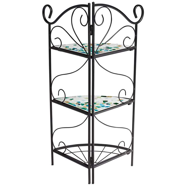 Image 7 Aqua Mosaic 30 inch High Black Iron Three Shelf Plant Stand more views