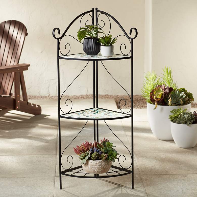 Image 1 Aqua Mosaic 47" High Black Iron Three Shelf Plant Stand