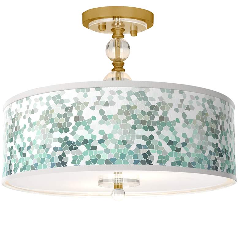 Image 1 Aqua Mosaic Giclee 16 inchW Gold Semi-Flush Ceiling Light