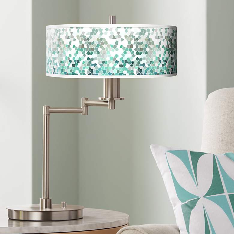 Image 1 Aqua Mosaic Giclee Shade LED Modern Swing Arm Desk Lamp