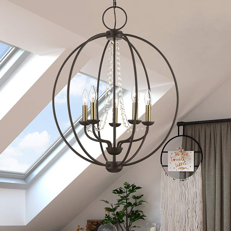 Image 1 Arabella 5 Light Bronze with Antique Brass Finish Candles Globe Chandelier