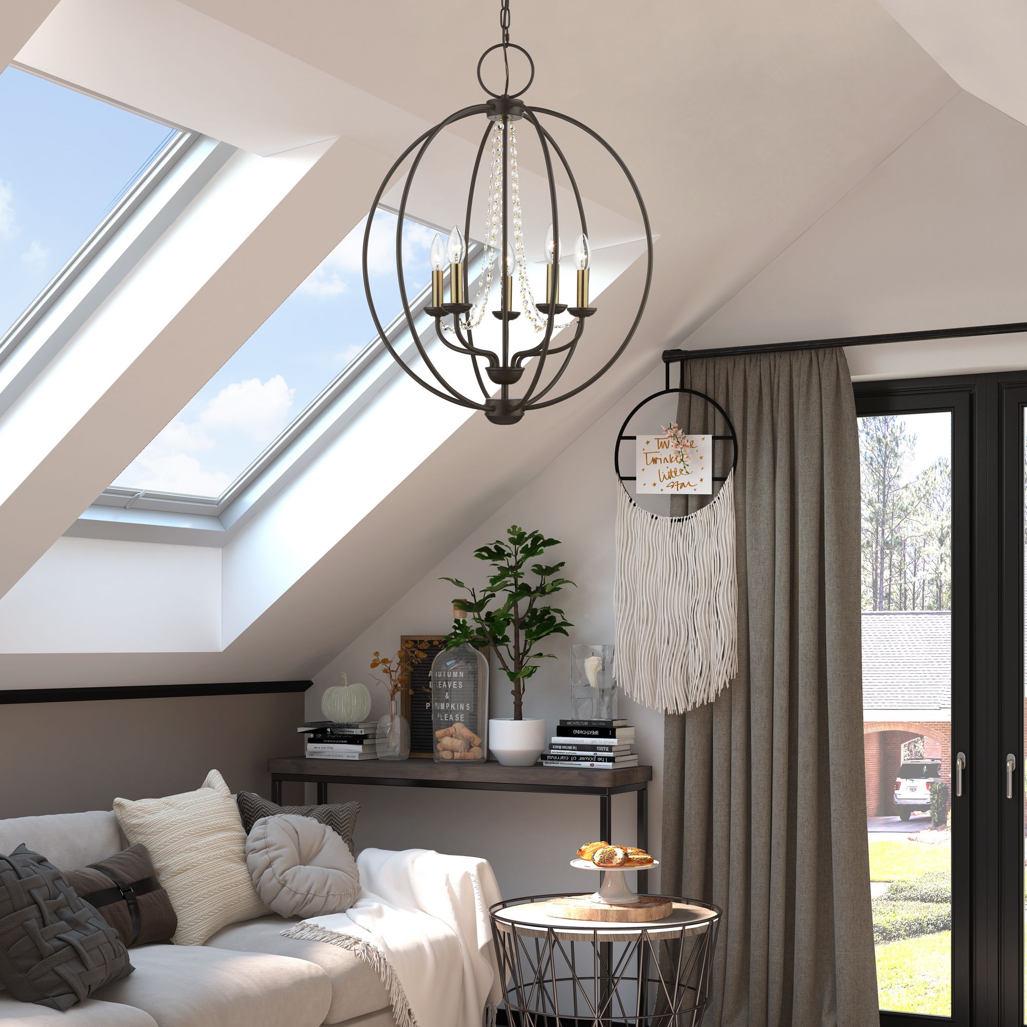 Arabella 5 Light Bronze with Antique Brass Finish Candles Globe Chandelier