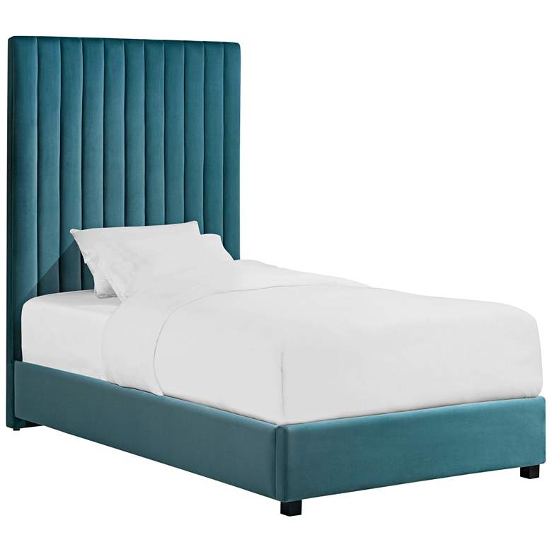 Image 1 Arabelle Sea Blue Velvet Channel Tufted Twin Bed