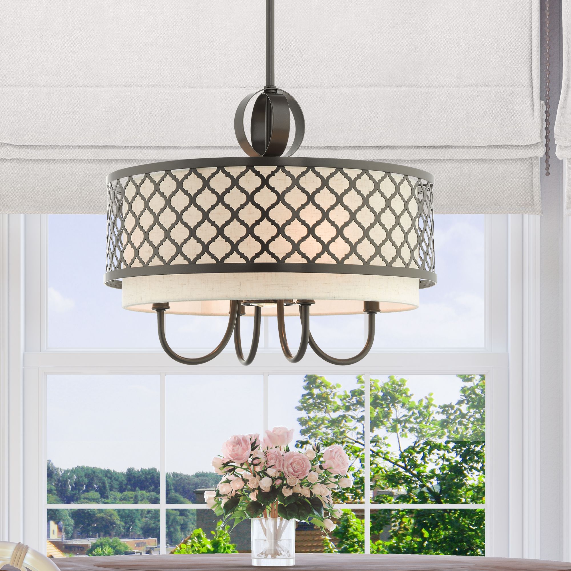 Arabesque 18" Wide English Bronze 5-Light Drum Chandelier