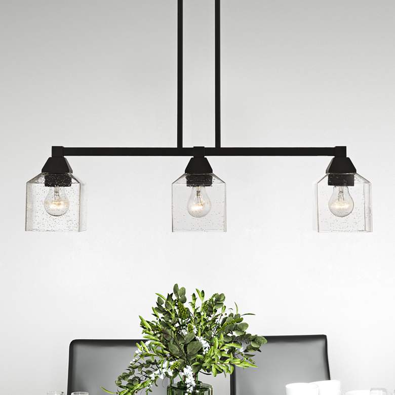 Image 2 Aragon 30"W Black 3-Light Linear Chandelier w/ Seeded Glass