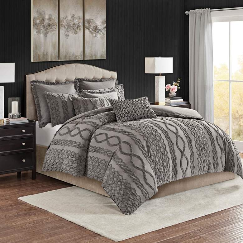 Image 1 Aran Isles Gray Tufted Chenille 8-Piece Queen Comforter Set