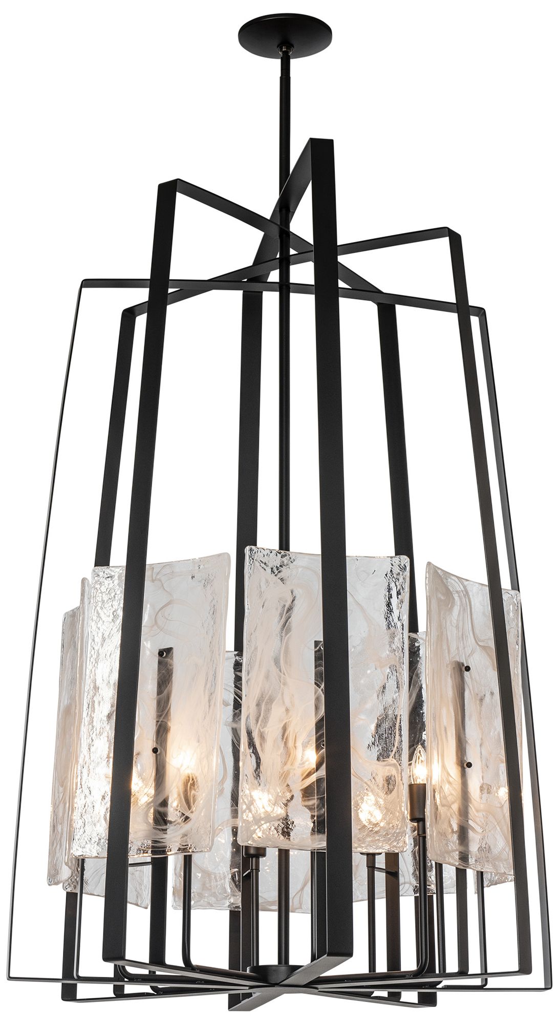 Arc 34.4"W 8-Light Tall Black Pendant With White Swirl Glass Made to Order