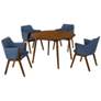Arcadia and Renzo 5 Piece 48 In. Round Dining Set in Blue, Walnut Wood