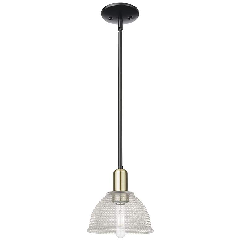 Image 1 Arcadia Arietta 8"W Black Brass Stem Hung Mini Pendant w/ Clear Shade