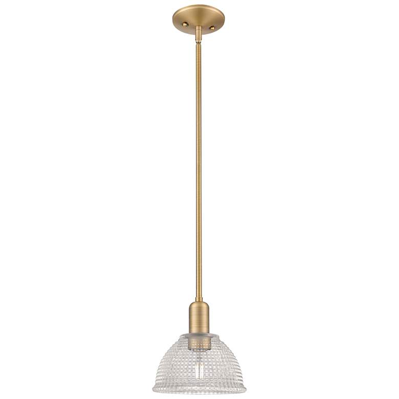 Image 1 Arcadia Arietta 8"W Brushed Brass Stem Mini Pendant w/ Clear Shade