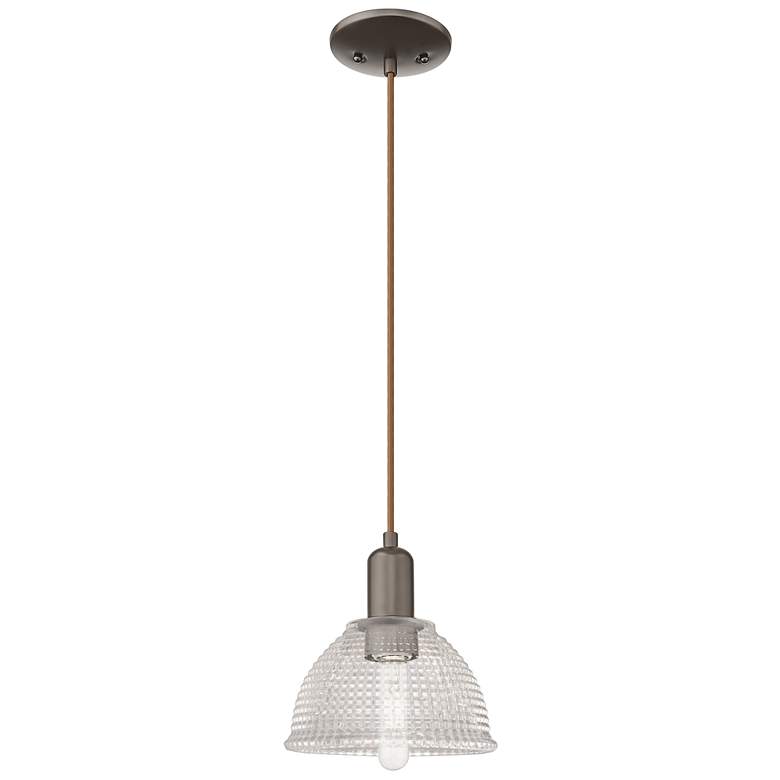 Image 1 Arcadia Arietta 8"W Oiled Bronze Cord Hung Mini Pendant w/ Clear Shade