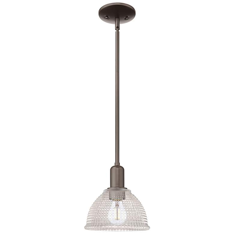 Image 1 Arcadia Arietta 8"W Oiled Bronze Stem Hung Mini Pendant w/ Clear Shade