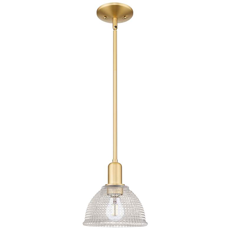 Image 1 Arcadia Arietta 8"W Satin Gold Stem Hung Mini Pendant With Clear Shade