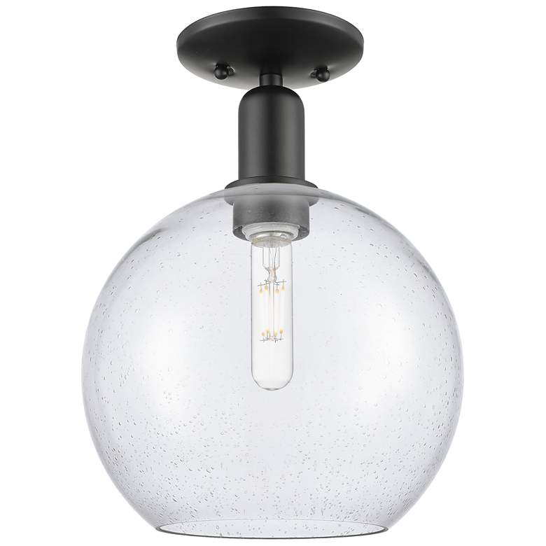 Image 1 Arcadia Athens 10" Wide Matte Black Semi.Flush Mount With Seedy Shade