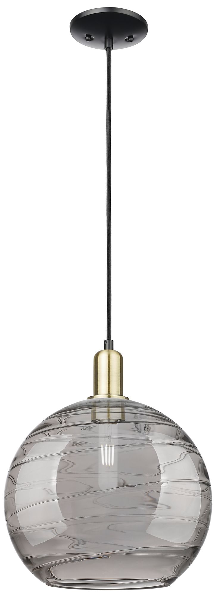 Arcadia Athens 12"W Black Brass Cord Pendant w/ Light Smoke Deco Shade