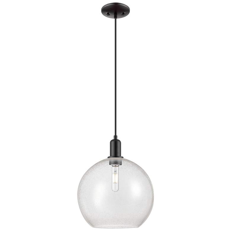 Image 1 Arcadia Athens 12"W Matte Black Cord Hung Mini Pendant w/ Seedy Shade