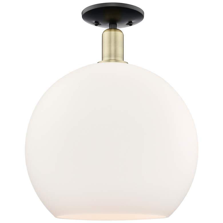 Image 1 Arcadia Athens 14"W Black Brass Semi.Flush Mount w/ Matte White Shade