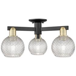 Arcadia Athens 23"W 3-Lt Black Brass Semi-Flush w/ Basketweave Shade