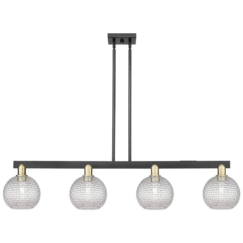 Image 1 Arcadia Athens 51"W 4-Lt Black Brass Stem Island Light w/ Basketweave Shade