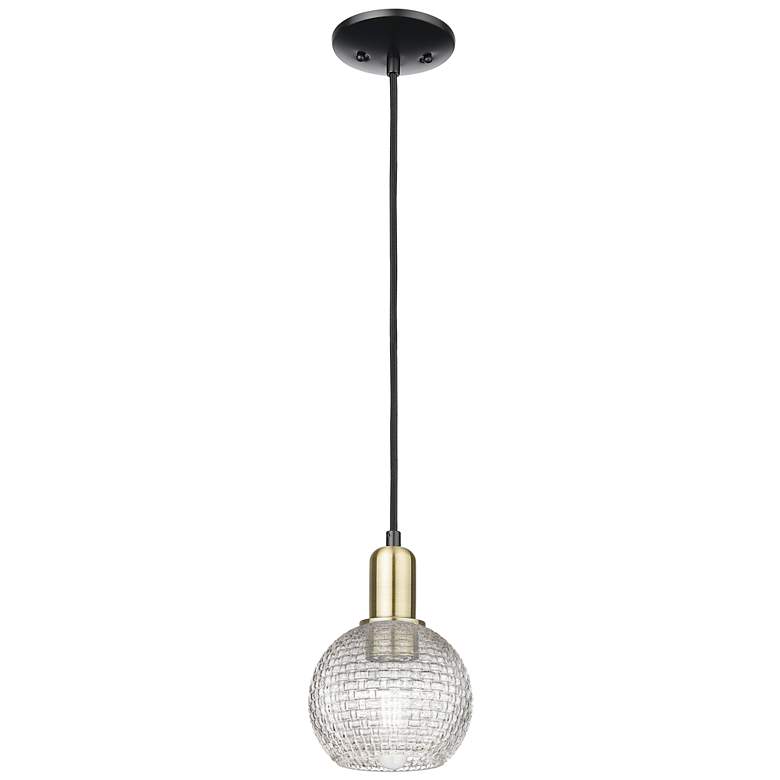 Image 1 Arcadia Athens 6"W Black Brass Cord Pendant w/ Clear Basketweave Shade