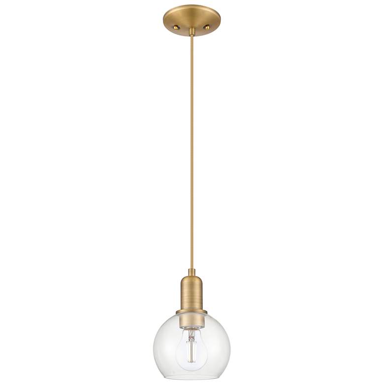 Image 1 Arcadia Athens 6"W Brushed Brass Cord Hung Mini Pendant w/ Clear Shade