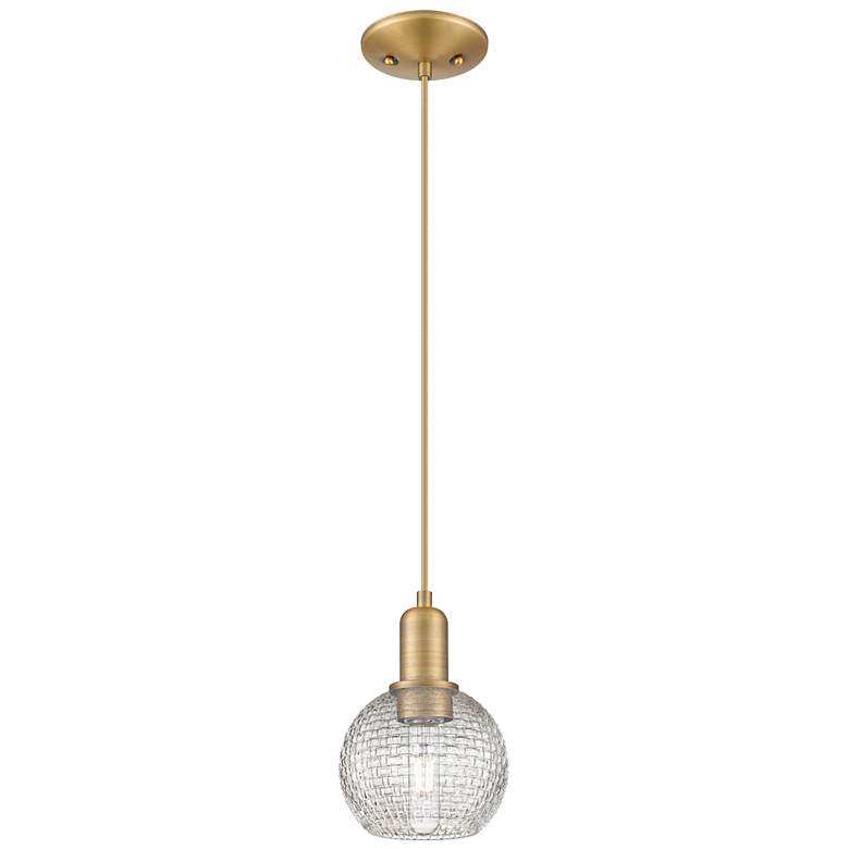 Image 1 Arcadia Athens 6"W Brushed Brass Cord Pendant w/ Basketweave Shade