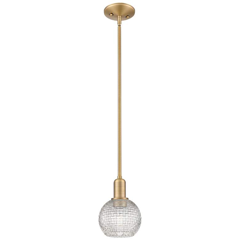 Image 1 Arcadia Athens 6"W Brushed Brass Stem Pendant w/ Basketweave Shade