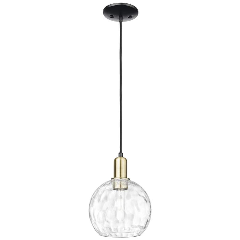 Image 1 Arcadia Athens 8"W Black Brass Cord Mini Pendant w/ Water Glass Shade