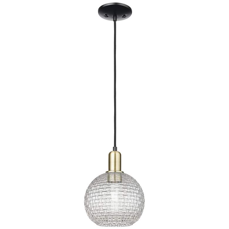 Image 1 Arcadia Athens 8"W Black Brass Cord Pendant w/ Clear Basketweave Shade
