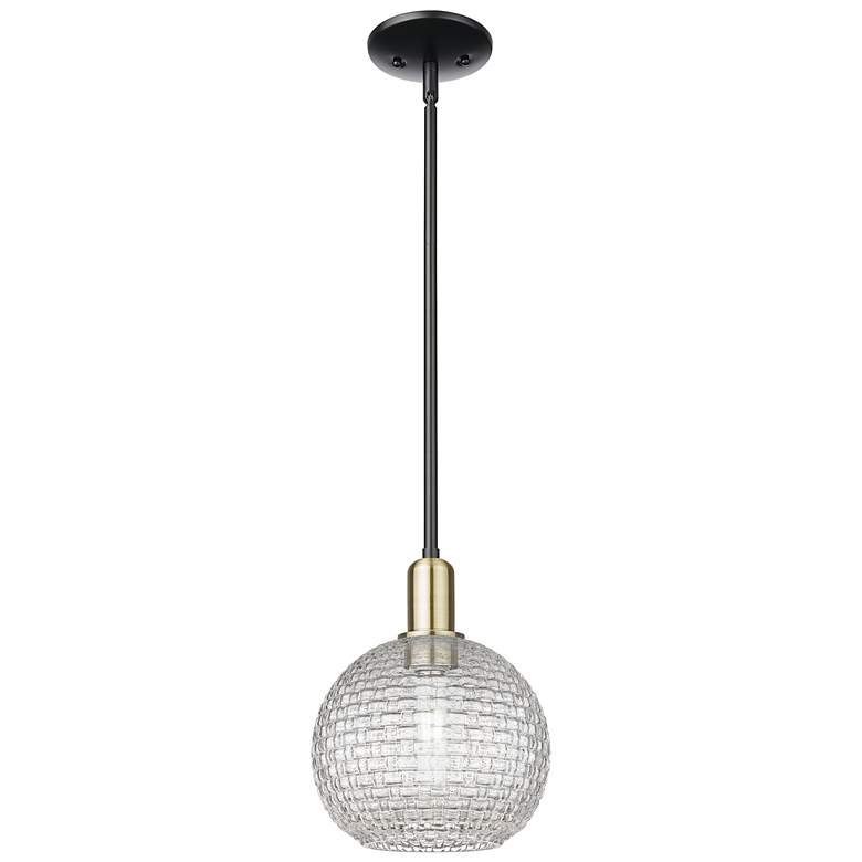 Image 1 Arcadia Athens 8"W Black Brass Stem Pendant w/ Basketweave Shade
