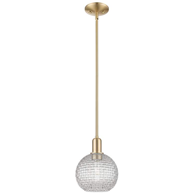 Image 1 Arcadia Athens 8"W Bronze Stem Pendant w/ Clear Basket Weave Shade