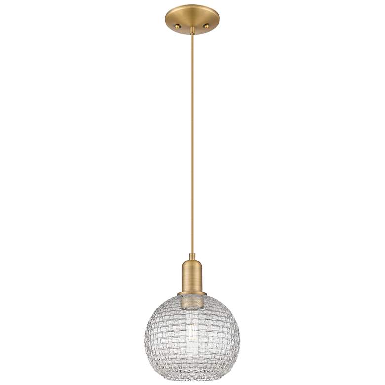 Image 1 Arcadia Athens 8"W Brushed Brass Cord Pendant w/ Basketweave Shade