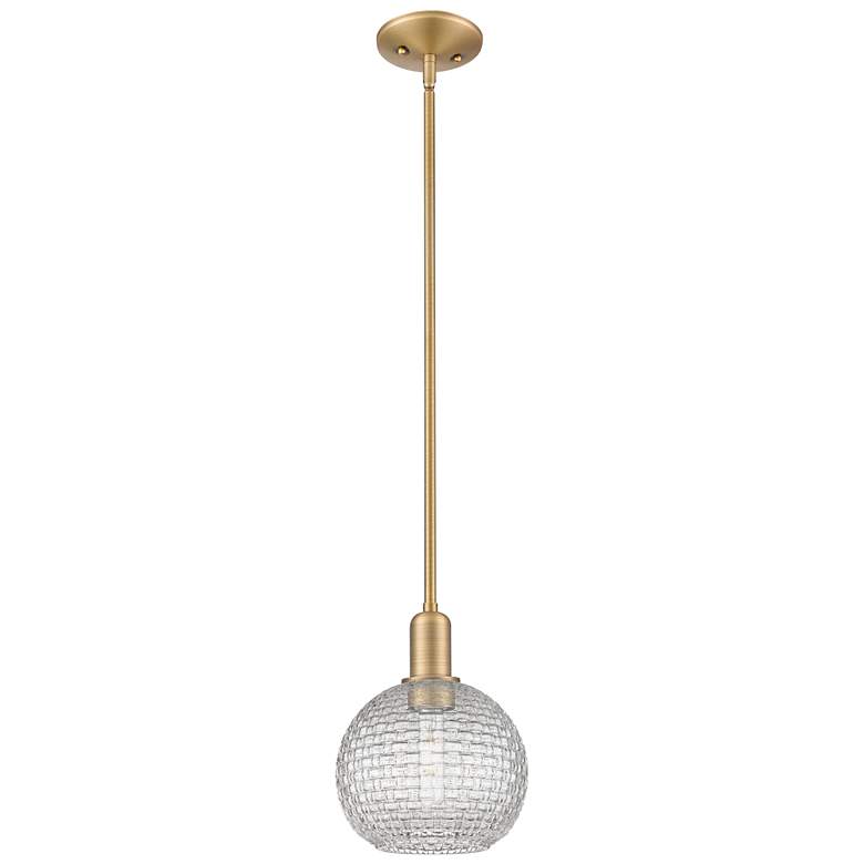 Image 1 Arcadia Athens 8"W Brushed Brass Stem Pendant w/ Basketweave Shade