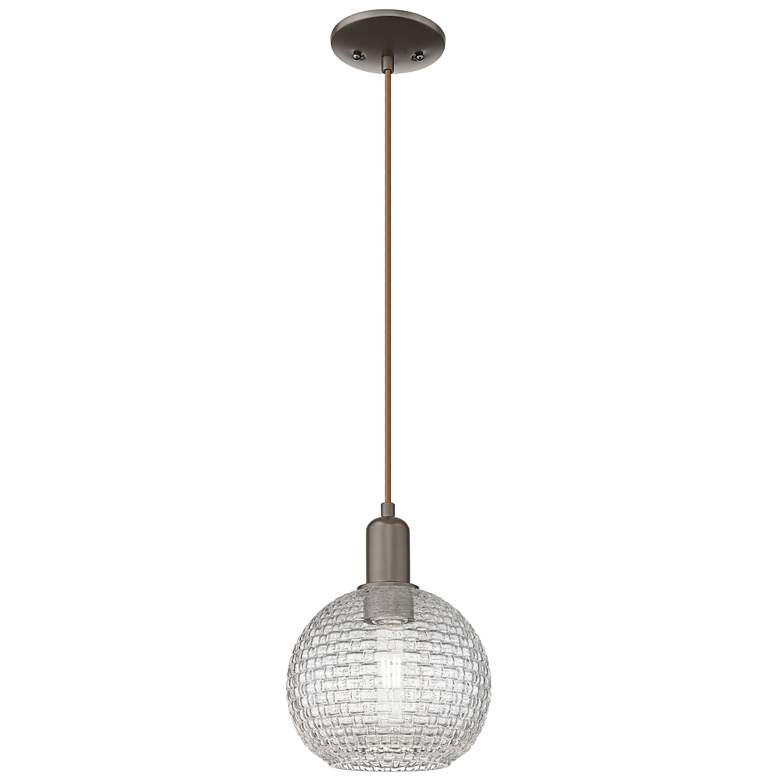 Image 1 Arcadia Athens 8"W Oiled Bronze Cord Pendant w/ Basketweave Shade