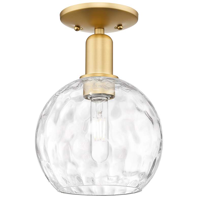 Image 1 Arcadia Athens 8"W Satin Gold Semi.Flush Mount With Water Glass Shade