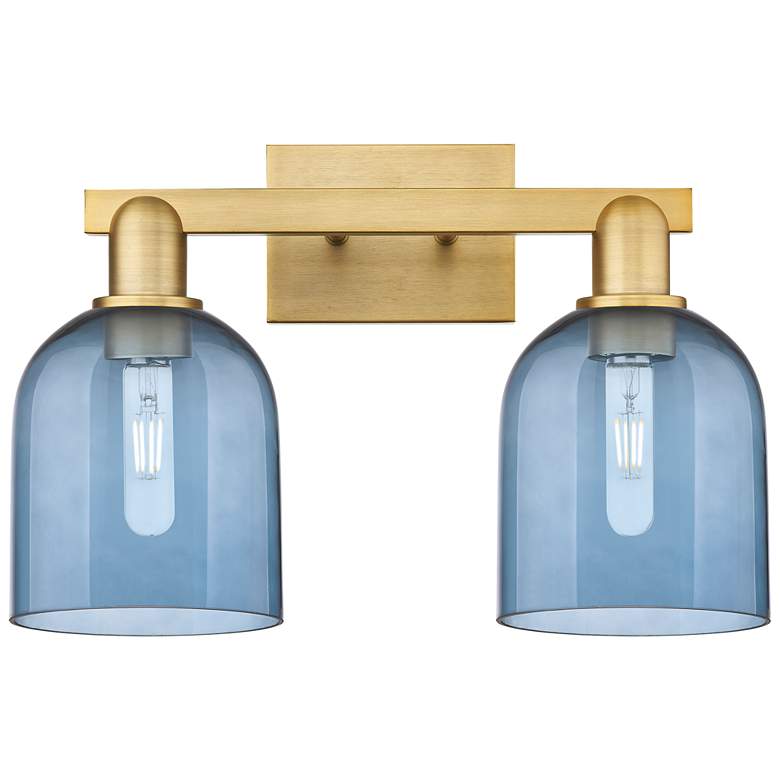 Image 1 Arcadia Bella 17"W 2 Light Brushed Brass Vanity Light With Blue Shade