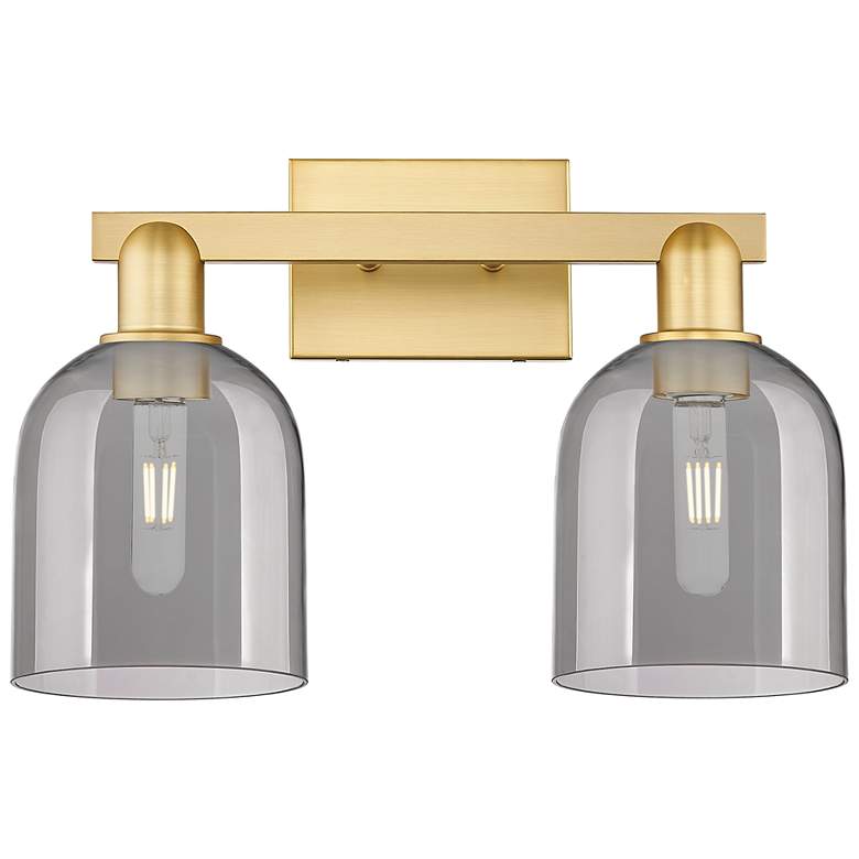 Image 1 Arcadia Bella 17"W 2 Light Satin Gold Bath Light w/ Light Smoke Shade
